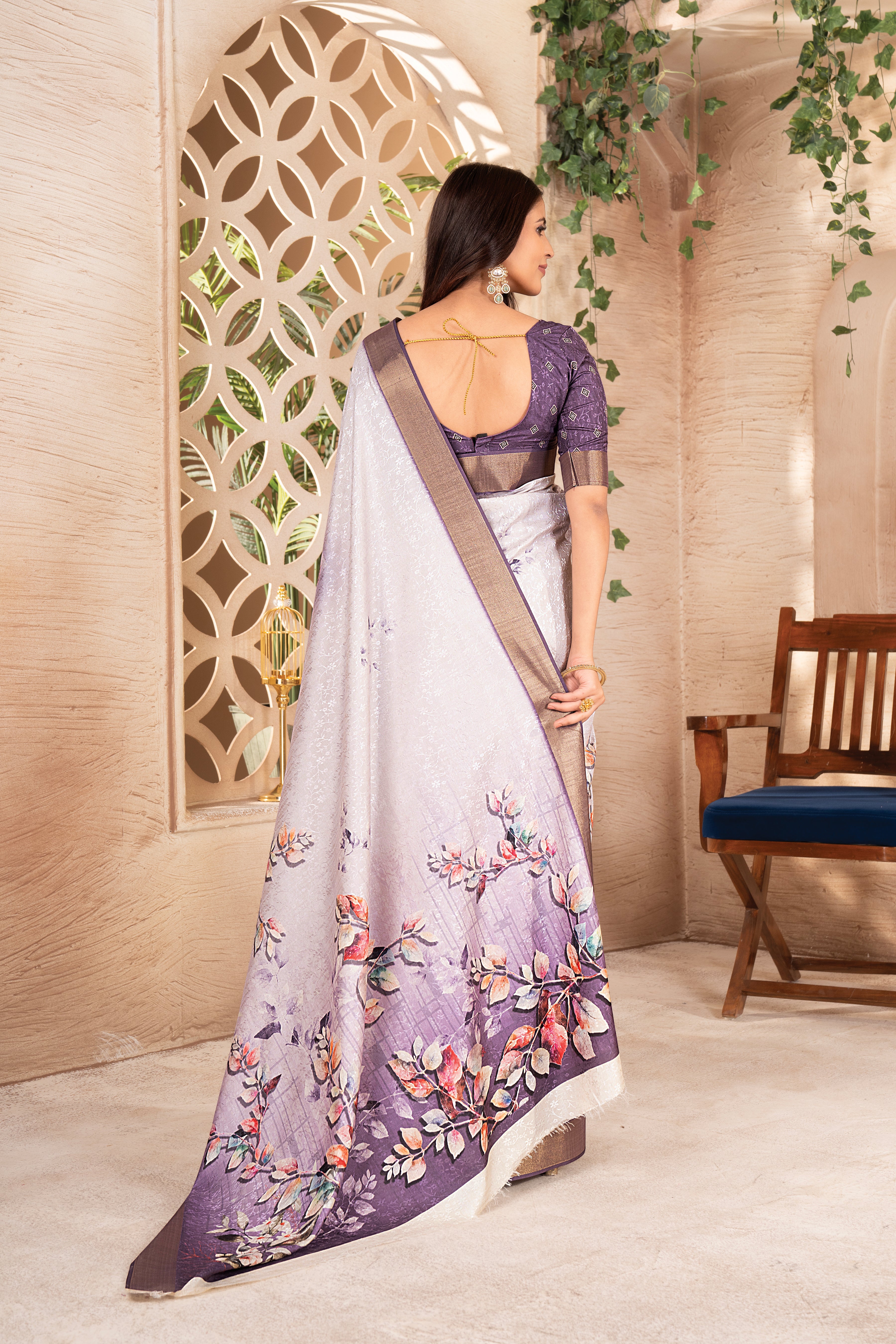 Cream Purple Tussar Silk Saree